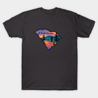 Fly Fishing South Carolina State Map Mountain Sunset River Retro T-Shirt